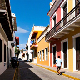 Caribbean Holidays, January Solo Holidays, Solo traveller walking through colourful Old San Juan streets in warm January sunshine, historic Spanish colonial buildings and blue sky