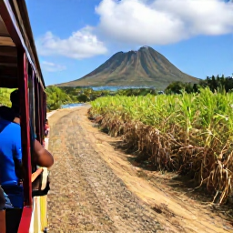 Caribbean Holidays, January Solo Holidays, Solo visitor enjoying a scenic train journey through sugar cane fields on Saint Kitts, with volcanic mountains and Caribbean coastline visible
