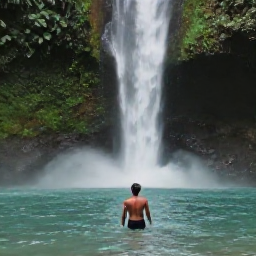 Caribbean Holidays, January Solo Holidays, Solo visitor swimming in a clear natural pool beneath a rainforest waterfall in Dominica