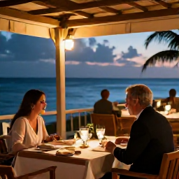 Caribbean Holidays, January Solo Holidays, Warm Caribbean evening with a solo traveller dining at an outdoor restaurant beside the sea, soft lights and relaxed atmosphere