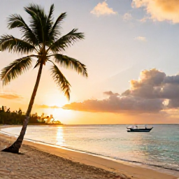 Caribbean Holidays, January Spa Breaks, A calm Caribbean beach at sunset on Tobago with palm trees, golden sand, still turquoise water and a small fishing boat