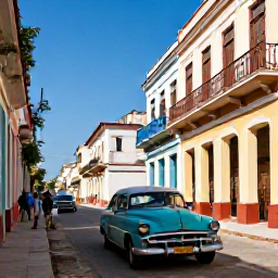 Caribbean Holidays, January Spa Breaks, A colourful Cuban town street with classic cars, colonial buildings and travellers exploring in warm January sunshine