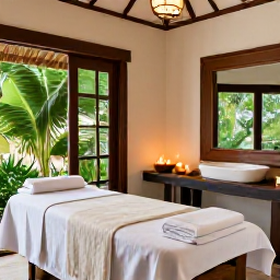 Caribbean Holidays, January Spa Breaks, A comfortable Haitian spa treatment room with natural materials, soft towels, candles and views of tropical greenery
