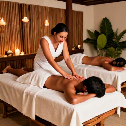 Caribbean Holidays, January Spa Breaks, A couple enjoying a peaceful couples massage in a stylish Dominican Republic spa, surrounded by natural wood, candles and tropical plants
