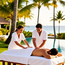 Caribbean Holidays, January Spa Breaks, A couple enjoying a wellness massage beside a tropical garden in Tobago, with palm trees, calm pool water and warm afternoon light