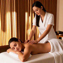 Caribbean Holidays, January Spa Breaks, A couple receiving a relaxing massage in a stylish Caribbean spa, with natural wood, soft towels and filtered sunlight
