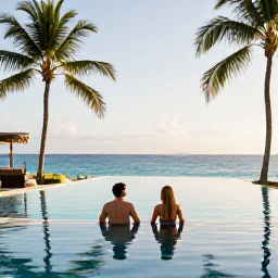 Caribbean Holidays, January Spa Breaks, A couple relaxing beside an infinity pool at a Caribbean resort in January, with palm trees, blue sea and golden afternoon light