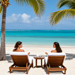 Caribbean Holidays, January Spa Breaks, A couple relaxing on a Caribbean beach after a spa treatment, with loungers, palm trees and a bright blue sea