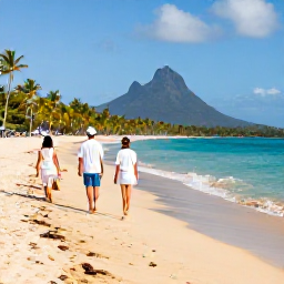 Caribbean Holidays, January Spa Breaks, A couple walking along a quiet golden beach on Nevis in January, with turquoise water, palm trees and Nevis Peak in the distance