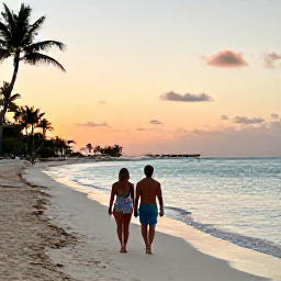 Caribbean Holidays, January Spa Breaks, A couple walking barefoot along Seven Mile Beach in Grand Cayman at sunset, with calm turquoise water and a relaxed tropical atmosphere
