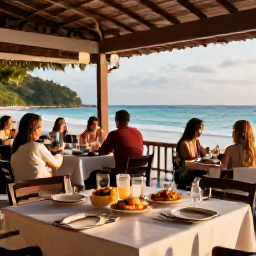 Caribbean Holidays, January Spa Breaks, A friendly outdoor dining scene at a Tobago beachfront restaurant in January, with fresh Caribbean food, sea views and warm evening light