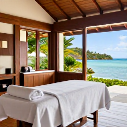 Caribbean Holidays, January Spa Breaks, A peaceful Caribbean spa treatment room with natural wood, tropical plants, soft towels and views towards a calm blue bay