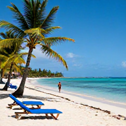 Caribbean Holidays, January Spa Breaks, A quiet Haitian beach with loungers, clear water, palm trees and a traveller walking along the shoreline in January