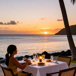Caribbean Holidays, January Spa Breaks, A relaxed beachfront dinner in Saint Kitts at sunset, with Caribbean dishes, candles and a calm sea beyond