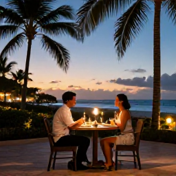 Caribbean Holidays, January Spa Breaks, A relaxed couple dining outdoors at a Cuban resort in the evening, with palm trees, soft lights and a tropical sunset