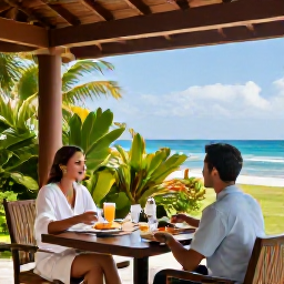 Caribbean Holidays, January Spa Breaks, A relaxed couple enjoying a healthy breakfast on a shaded terrace at a Haitian resort with tropical plants and sea views