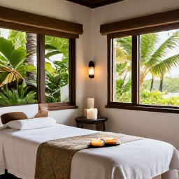 Caribbean Holidays, January Spa Breaks, A serene Caribbean spa treatment room with natural textures, candles, fresh towels and views of tropical greenery