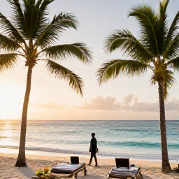 Caribbean Holidays, January Spa Breaks, A serene Dominican Republic beach at sunrise, with palm trees, calm turquoise water and a comfortable spa guest walking beside the shore