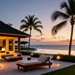 Caribbean Holidays, January Spa Breaks, A stylish Caribbean spa resort at sunset, with warm lights, palm trees, an infinity pool and the sea beyond