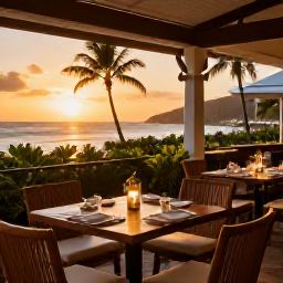 Caribbean Holidays, January Spa Breaks, A stylish open-air Caribbean restaurant serving healthy island cuisine at sunset with palm trees and sea views