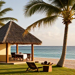 Caribbean Holidays, January Spa Breaks, A tranquil beachfront spa in Haiti with treatment rooms, palm trees and calm turquoise sea in warm January sunshine
