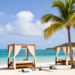 Caribbean Holidays, January Spa Breaks, A tranquil beachfront spa in St Thomas, U.S. Virgin Islands, with treatment cabanas, palm trees and calm turquoise water in January