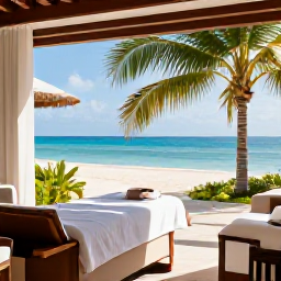 Caribbean Holidays, January Spa Breaks, A tranquil luxury spa overlooking a turquoise beach in Turks and Caicos, with treatment rooms, palm trees and warm January sunshine