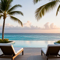 Caribbean Holidays, January Spa Breaks, A tranquil luxury spa overlooking a turquoise Caribbean sea in Grand Cayman, with palm trees and soft morning light