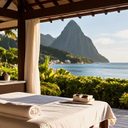 Caribbean Holidays, January Spa Breaks, A tranquil luxury spa overlooking the Caribbean Sea in Saint Lucia, with treatment beds, tropical greenery and gentle morning sunlight