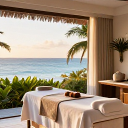 Caribbean Holidays, January Spa Breaks, A tranquil luxury spa overlooking the Caribbean Sea on Saint Kitts, with treatment beds, tropical greenery and soft morning light