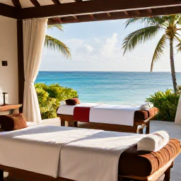 Caribbean Holidays, January Spa Breaks, A tranquil luxury spa overlooking the turquoise sea on Trinidad and Tobago, with treatment beds, tropical greenery and soft morning light
