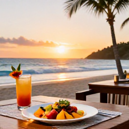 Caribbean Holidays, January Spa Breaks, An elegant beachfront restaurant in the Dominican Republic at sunset, serving healthy colourful food and tropical drinks beside the sea