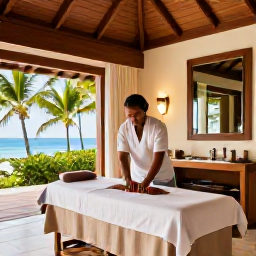 Caribbean Holidays, January Spa Breaks, An elegant Caribbean resort spa in Saint Kitts with a therapist preparing a massage room, natural wood details and views of palm trees