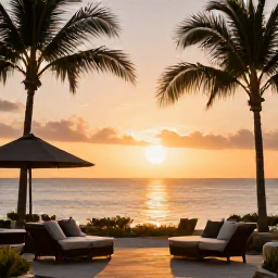 Caribbean Holidays, January Spa Breaks, An elegant Caribbean resort terrace at sunset with comfortable seating, palm silhouettes and a calm sea view