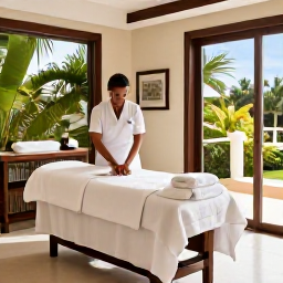 Caribbean Holidays, January Spa Breaks, An elegant Caribbean resort treatment room with natural light, tropical plants, white towels and a therapist preparing a spa treatment