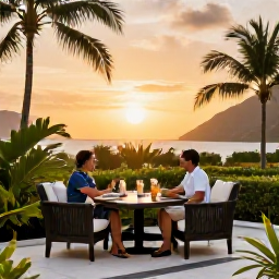 Caribbean Holidays, January Spa Breaks, An elegant Saint Lucia hotel terrace at sunset, with a couple enjoying drinks, tropical gardens and warm Caribbean light