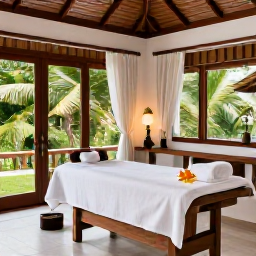 Caribbean Holidays, January Spa Breaks, An elegant spa treatment room in Tobago with natural wood, white towels, tropical flowers and views of lush island vegetation