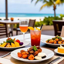 Caribbean Holidays, January Spa Breaks, Colourful Caribbean meal with fresh seafood, tropical fruit and local dishes served at an elegant outdoor restaurant in Tobago