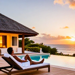 Caribbean Holidays, January Spa Breaks, Comfortable Antigua resort terrace at sunset, with spa guest relaxing beside a pool and warm Caribbean colours