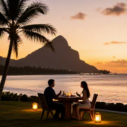 Caribbean Holidays, January Spa Breaks, Couple enjoying a calm sunset dinner beside the Caribbean Sea on Nevis, with lanterns, palm trees and Mount Nevis in the background