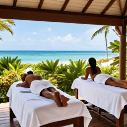 Caribbean Holidays, January Spa Breaks, Couple enjoying a calm wellness afternoon at an Antigua resort, with treatment beds, tropical plants and a view towards the sea