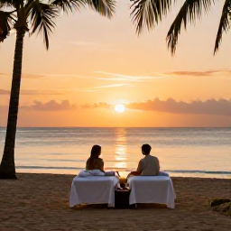 Caribbean Holidays, January Spa Breaks, Couple enjoying a peaceful sunset on a Puerto Rico beach after a spa day, with soft golden light, calm sea and palm silhouettes