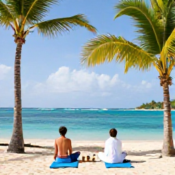 Caribbean Holidays, January Spa Breaks, Couple enjoying a wellness morning on a quiet Caribbean beach in St John, with yoga mats, palm trees and clear blue water
