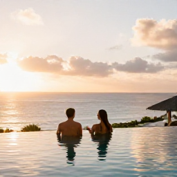 Caribbean Holidays, January Spa Breaks, Couple relaxing beside an infinity pool at a Caribbean resort in Saint Martin during a golden January sunset