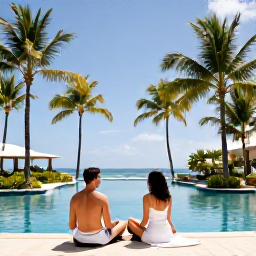Caribbean Holidays, January Spa Breaks, Couple relaxing in a stylish Caribbean spa resort in January, with palm trees, calm pool and bright blue sky