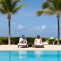Caribbean Holidays, January Spa Breaks, Couple relaxing on a comfortable sun lounger beside a Caribbean pool in the Dominican Republic, with palms and blue sky