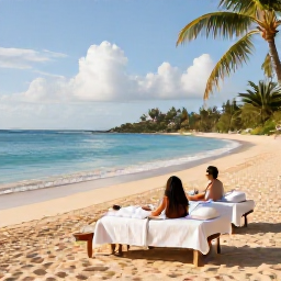 Caribbean Holidays, January Spa Breaks, Couple relaxing on a quiet Barbados beach after a spa treatment, with golden sand, calm turquoise water and palm trees