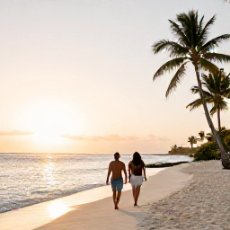 Caribbean Holidays, January Spa Breaks, Couple walking barefoot along Eagle Beach in Aruba at sunset, with palm trees, calm sea and soft golden light