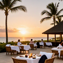 Caribbean Holidays, January Spa Breaks, Elegant Barbados resort at sunset with outdoor dining, palm trees and guests enjoying a peaceful evening after a spa day