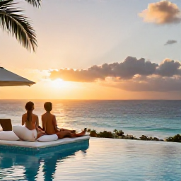 Caribbean Holidays, January Spa Breaks, Elegant Cura&ccedil;ao spa resort at sunset with a couple relaxing near a pool overlooking the Caribbean Sea